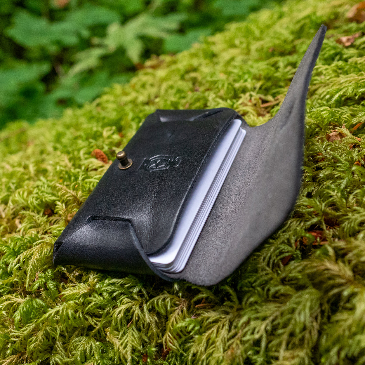 Black leather pouch for holding cards handmade in Portland Oregon