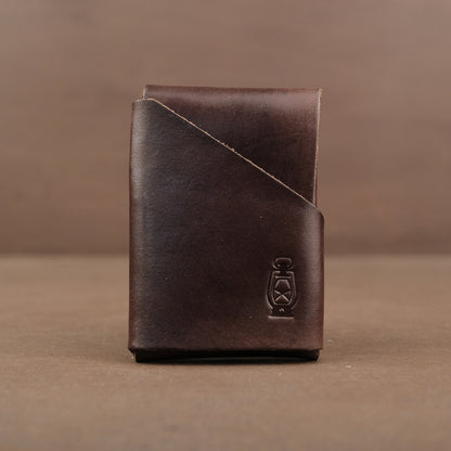 Chocolate full grain veg tan minimalist stitchless leather wallet