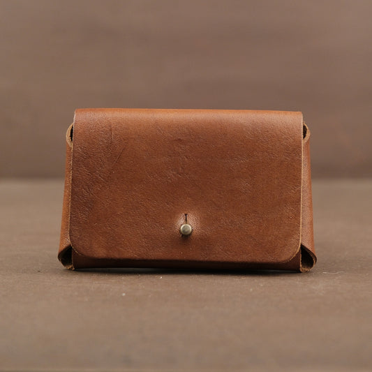 Brown leather pouch for holding card handmade in USA