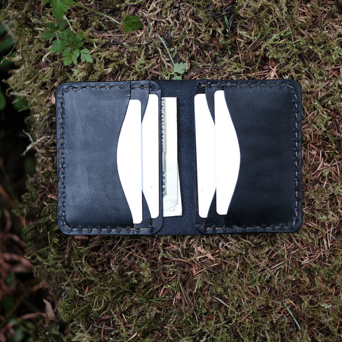 Black leather wallet folding vertical wallet full grain