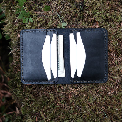 Black leather wallet folding vertical wallet full grain