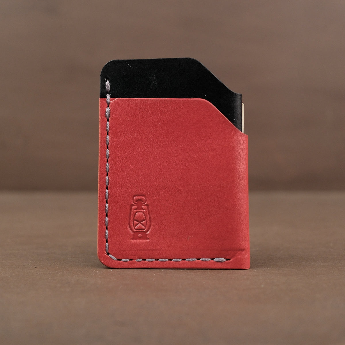 Red and black leather card wallet handmade in usa