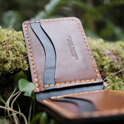 brown and black leather bifold wallet made from full grain leather