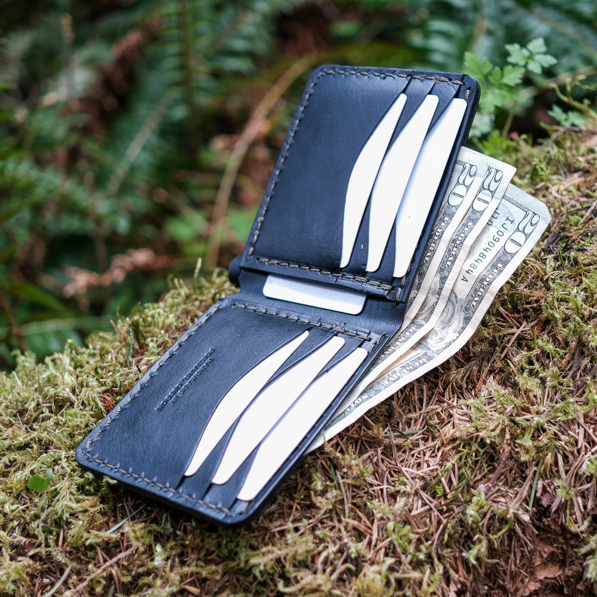 Handmade full grain leather bifold wallet, Wrangler style, slim design crafted in Portland Oregon