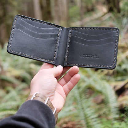 Wrangler bifold wallet made from full grain leather, handcrafted in the USA with vegetable tanned Herman Oak leather